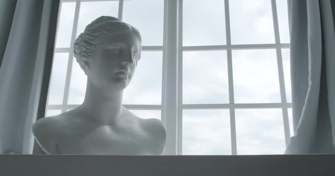 plaster bust in antique style on the background of the window close-up