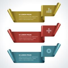 Realistic glossy horizontal curved banner infographic scheme business steps planning presentation template vector illustration. Twisted paper placard marketing numbers option agenda data flow