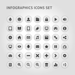 Monochrome realistic infographics icons set template vector illustration. Collection digital elements interface data visualization for steps, options, business process, workflow, flowchart, timeline