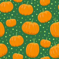 pumpkin seamless pattern on green background. Flat, vector