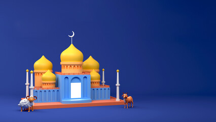 Fototapeta na wymiar 3D Render Mosque With Sheep, Goat And Copy Space On Blue Background For Islamic Festival Concept.