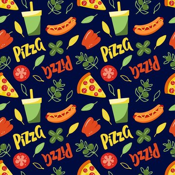 Seamless pattern with the image of delicious healthy food on a dark blue  background. Vector graphics for wrapping paper, wallpapers, bags, prints for kitchen textiles.