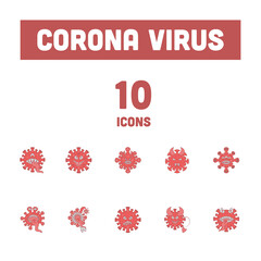 Fototapeta na wymiar Monster Virus Emoji 10 Icon Set In Red Color.