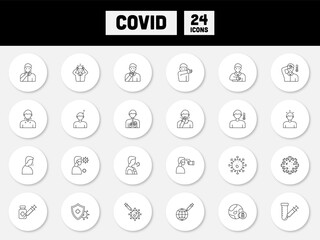 Black Linear Style Covid Symptoms And Prevention Circle Icon Set.