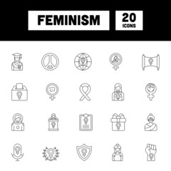Black Line Art Set Of Feminism Icons Or Symbol.