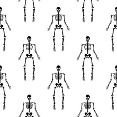 Black skeletons in various poses pattern. Halloween design. Perfect for fall, holidays, fabric, textile. Seamless repeat swatch.