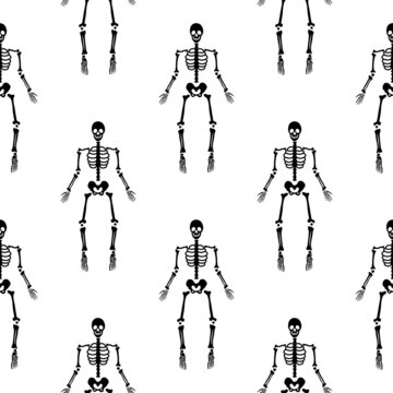 Black skeletons in various poses pattern. Halloween design. Perfect for fall, holidays, fabric, textile. Seamless repeat swatch.