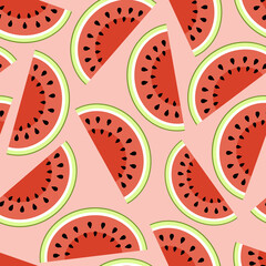 Watermelon half pieces seamless pattern. Cut watermelon, piece, half on pink. Flat, vector