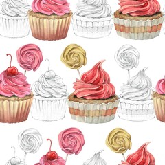 Seamless pattern with watercolor sweet cupcakes with cherry and candy. Sketch cupcakes. Hand painted dessert background perfect for fabric textile, menu wallpaper or wrapping.