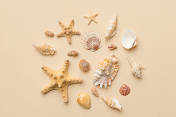 Fototapeta na wymiar Summer time concept Flat lay composition with beautiful starfish and sea shells on colored table, top view