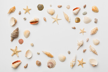 Summer time concept Flat lay composition with beautiful starfish and sea shells on colored table, top view with copy space for text