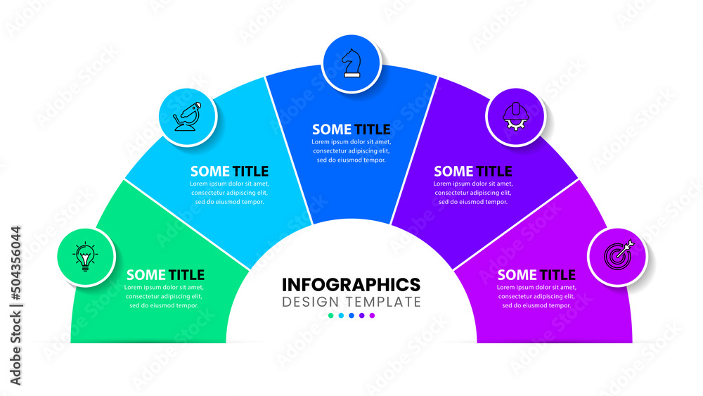 Sticker infographic template. Semicircle in 5 parts with text