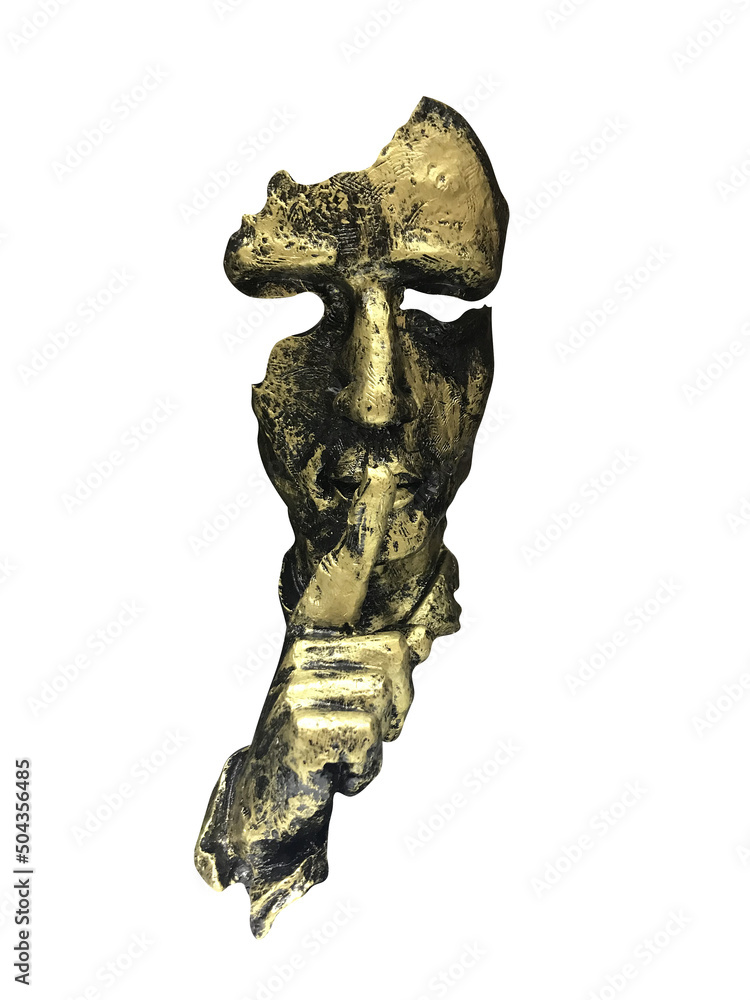 Poster a golden metal mask with an index finger at the mouth. silence gesture. isolated on white background