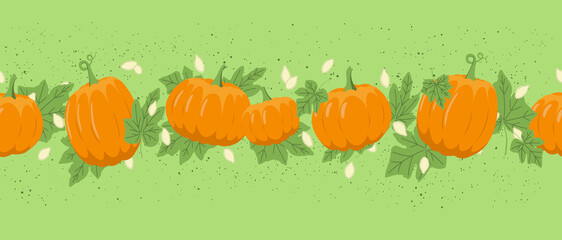 autumn pumpkin seamless border with leaves and seeds on green background. Flat, vector
