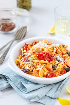 Italian sword fish spaghetti or linguine with black olives, capers and cherry tomatoes