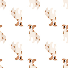 Cute dogs Jack Russell Terrier. Fanny animals . Vector hand drawn seamless pattern. Perfect for baby, kids apparel, print design, textile. White background.