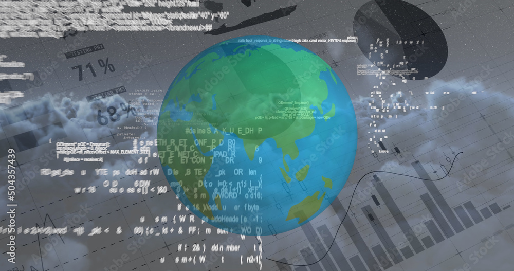 Poster spinning globe and data informations against financial data document 4k