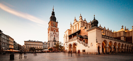 St. Mary's basilica in main square of Krakow. Wawel castle. Historic center city with ancient architecture.