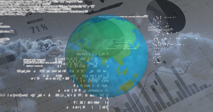 Spinning globe and data informations against financial data document 4k
