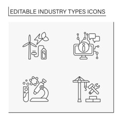  Industry types line icons set. Manufacturing of productions. Chemical, information, construction and energy industries.Business concept. Isolated vector illustrations. Editable stroke