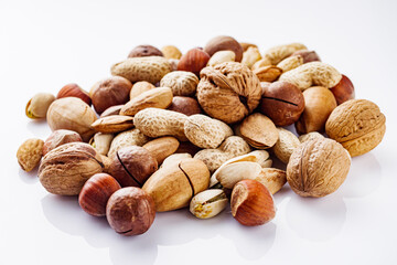 set of different nuts on a white acrylic background