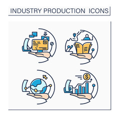 Industry production color icons set. Video game, software, mass media and internet industry. Contemporary production branches concept. Isolated vector illustrations