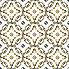 Seamless geometric chain pattern with ball beads, curb link chains, intricate overlapping circles on white background. Silver and gold chains.