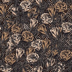 Camouflage brown pattern with lush blooming roses with stems, leaves, round halftone shapes. Dense composition with overlapping elements. Good for womans apparel, fabric, textile, sport goods.