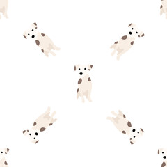 Cute dogs Jack Russell Terrier. Fanny animals . Vector hand drawn seamless pattern. Perfect for baby, kids apparel, print design, textile. White background.