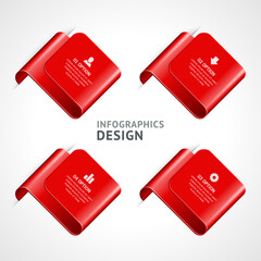 Red glossy paper folders curved bookmark infographics scheme business data template vector illustration. Diagonal geometric wave banners curly twisted marketing diagram decorative design isolated