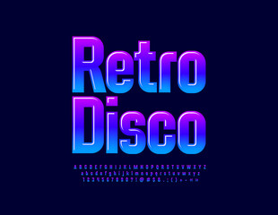 Vector colorful logo Retro Disco. Modern Glossy Font. Artistic Alphabet Letters and Numbers set