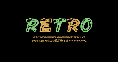 Handwritten shabby font, rough alphabet, cursive grunge letters and numbers