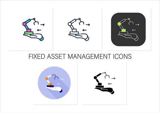 Fixed Asset Management Icons Set. Industrialization.Tracking Fixed Assets For Purposes Of Financial Accounting.Collection Of Icons In Linear, Filled, Color Styles.Isolated Vector Illustrations