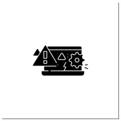 Crashes glyph icon. Computer breakdown. Settings. System crushs. Error. Exclamation pointer. Warnings concept.Filled flat sign. Isolated silhouette vector illustration