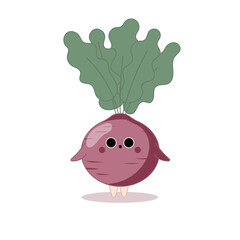 A cute image of a beetroot with a funny face drawn.Healthy food concept and objects for learning in preschool education