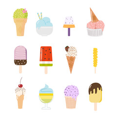 Summer set of various types of ice cream, popsicle, fruit ice, with chocolate chips, on a stick, etc