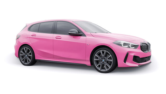 Paris, France. January 9, 2022: BMW M135i XDrive. Pink car isolated on white background. 3d rendering.