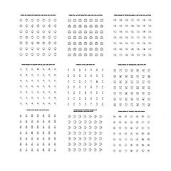 Big line icon set including icons of items inside of computer, laptop, speech bubble, magnifying glass, user, target, phone and over shop