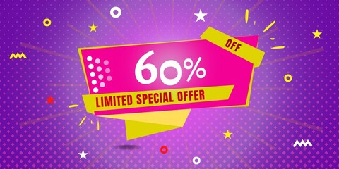 60% off limited special offer. Banner with sixty percent discount on a  purple background with yellow square and pink