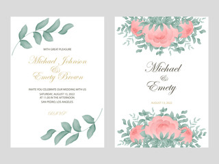 Wedding invitation template with peonies and foliage. Engagement greeting card with watercolor flowers and greenery. Elegant floral rustic frames. Card set isolated vector illustration