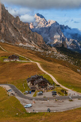 The view and the mountains of the Giau Pass: one of the most famous and photographed locations in the Italian Dolomites, near the town of Cortina d'Ampezzo, Italy - October 2021.