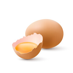 Fresh Organic Chicken Eggs on White Background. Raw Brown Eggs with Yolk in the Shell