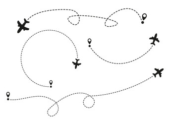 Airplane routes on white background. Romantic travel concept. Airplane line path, vector icon of air plane flight route on white background. Vector illustration.