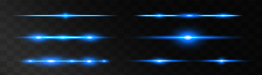 Set of blue horizontal lens flares pack. Abstract light flares, laser beams, sparkling lined, horizontal light rays. Vector illustration.