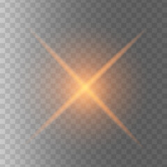 Gold glowing light star on a black background. Transparent shining sun, star explodes and bright flash. Gold bright illustration starburst. 