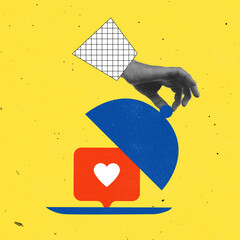 Contemporary art collage. Human hand opening dish with social media like isolated over yellow background. Internet popularity
