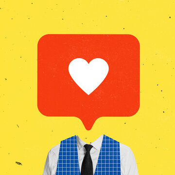 Naklejki Contemporary art collage. Giant social media like instead human head isolated over yellow background.