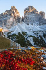 the mountains during sunrise in the natural park Tre Cime - Sesto Dolomites, near the town of Cortina d'ampezzo, Veneto, Italy - October 2021. - obrazy, fototapety, plakaty