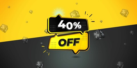 40% off limited special offer. Banner with forty percent discount on a black and yellow background with yellow square and black. Illustration 3d