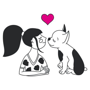 Kid Hugging Pet. Embracing Cute Child With Best Friend. Pet Family Portrait. Happy Little Puppy Adoption. Friendship with Animals. Dog lovers Illustration. Design For Veterinary Clinic and Adoption. 